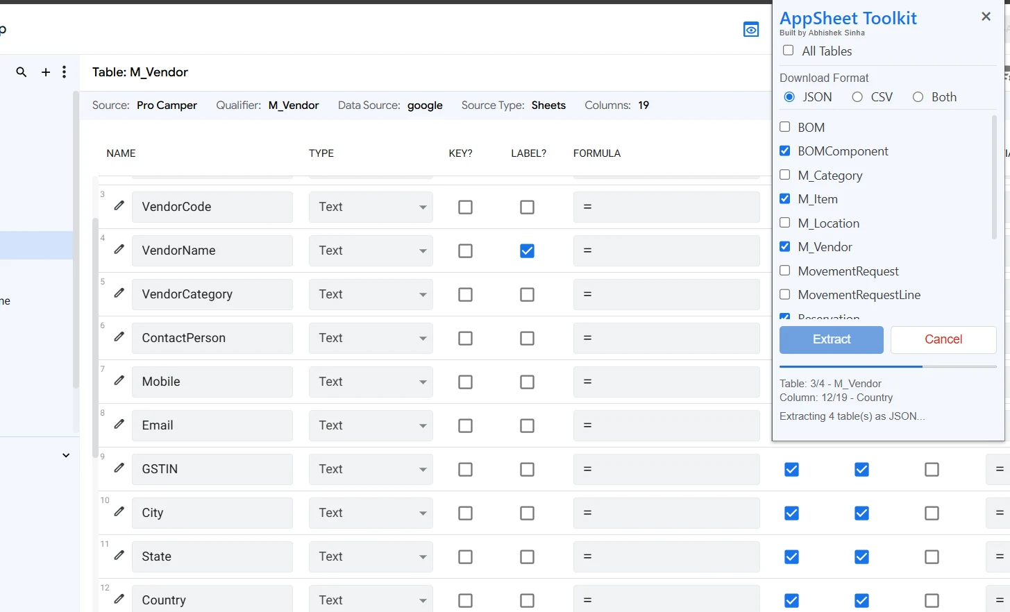 AppSheet Toolkit exporting table metadata from the AppSheet editor