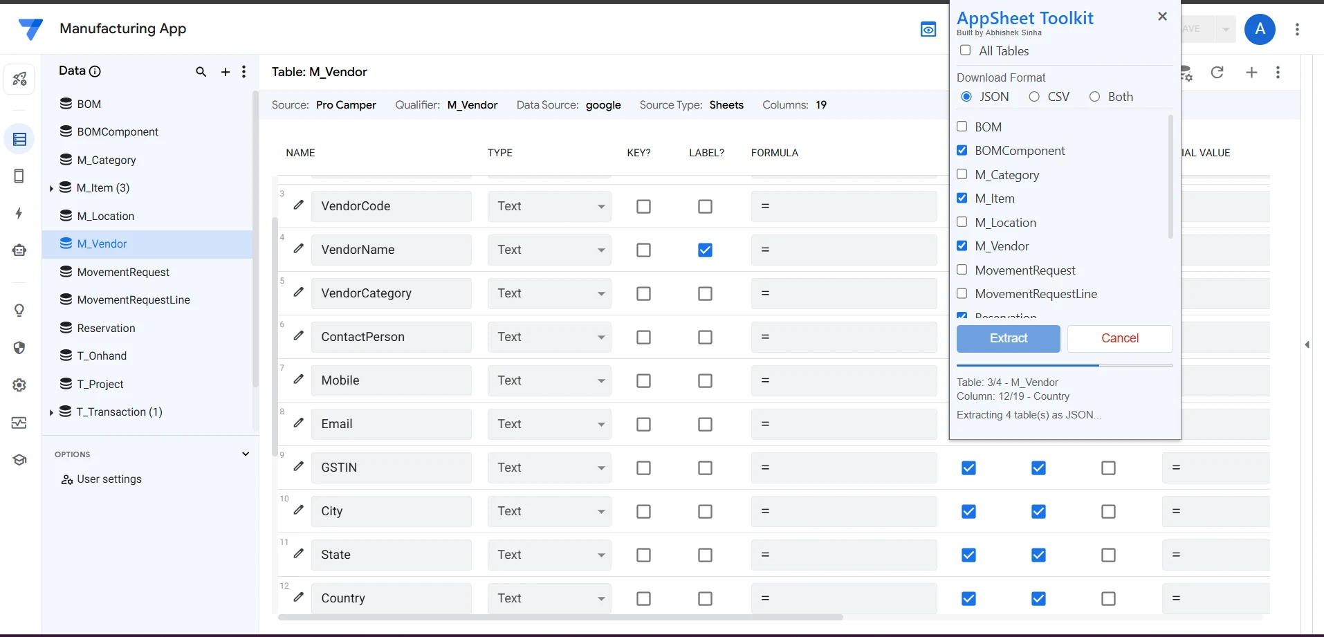 AppSheet Toolkit running inside the AppSheet editor and exporting metadata